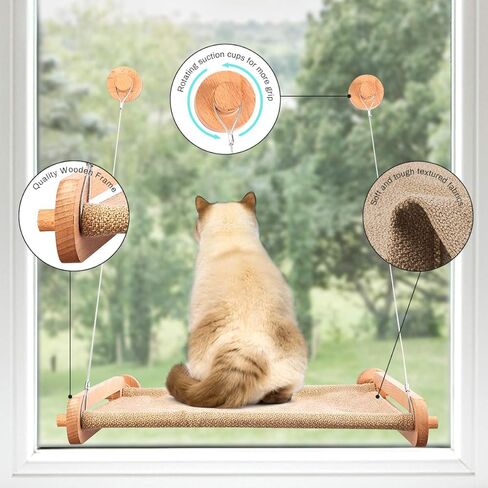 CATISM Cat Window Perch, Cat Window Hammock for Indoor Cats, Cat Bed Window with 4 Suction Cups, Easy to Assemble and Solid, Safety Cat Shelves Cat Seat for Medium Cats (Khaki) in Kuwait