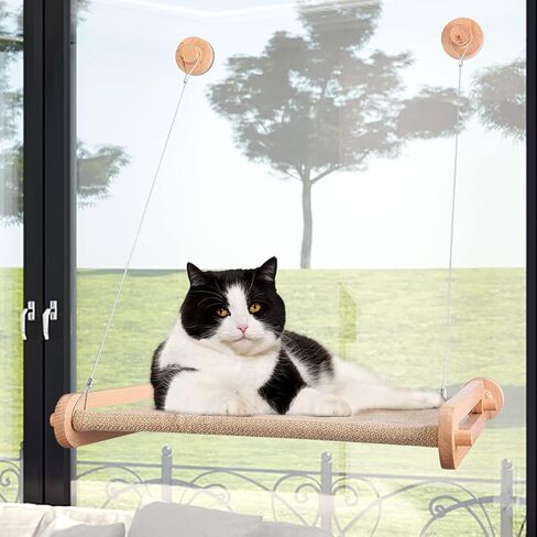 CATISM Cat Window Perch, Cat Window Hammock for Indoor Cats, Cat Bed Window with 4 Suction Cups, Easy to Assemble and Solid, Safety Cat Shelves Cat Seat for Medium Cats (Khaki) in Kuwait