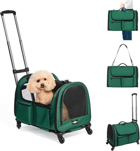 Cat Carrier with Wheels, Foldable Airline Approved Dog Cat Carrier with Wheels for Cat Dog Under 20 lbs, Rolling Cat Carrier Travel Bag with Telescopic Handle for Walking Travel Vet Visits in Kuwait