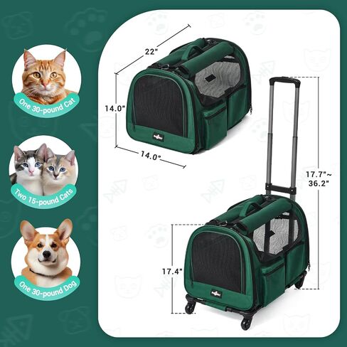 Cat Carrier with Wheels, Foldable Airline Approved Dog Cat Carrier with Wheels for Cat Dog Under 20 lbs, Rolling Cat Carrier Travel Bag with Telescopic Handle for Walking Travel Vet Visits in Kuwait