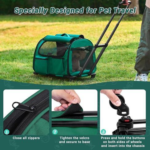 Cat Carrier with Wheels, Foldable Airline Approved Dog Cat Carrier with Wheels for Cat Dog Under 20 lbs, Rolling Cat Carrier Travel Bag with Telescopic Handle for Walking Travel Vet Visits in Kuwait