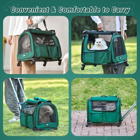 Cat Carrier with Wheels, Foldable Airline Approved Dog Cat Carrier with Wheels for Cat Dog Under 20 lbs, Rolling Cat Carrier Travel Bag with Telescopic Handle for Walking Travel Vet Visits in Kuwait