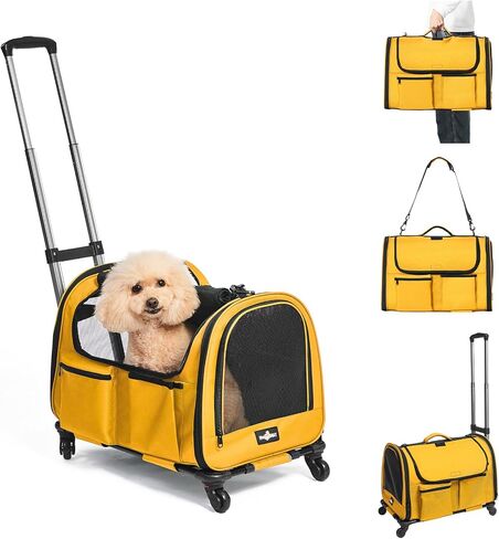 Cat Carrier with Wheels, Foldable Airline Approved Dog Cat Carrier with Wheels for Cat Dog Under 20 lbs, Rolling Cat Carrier Travel Bag with Telescopic Handle for Walking Travel Vet Visits in Kuwait