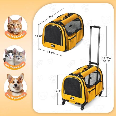 Cat Carrier with Wheels, Foldable Airline Approved Dog Cat Carrier with Wheels for Cat Dog Under 20 lbs, Rolling Cat Carrier Travel Bag with Telescopic Handle for Walking Travel Vet Visits in Kuwait