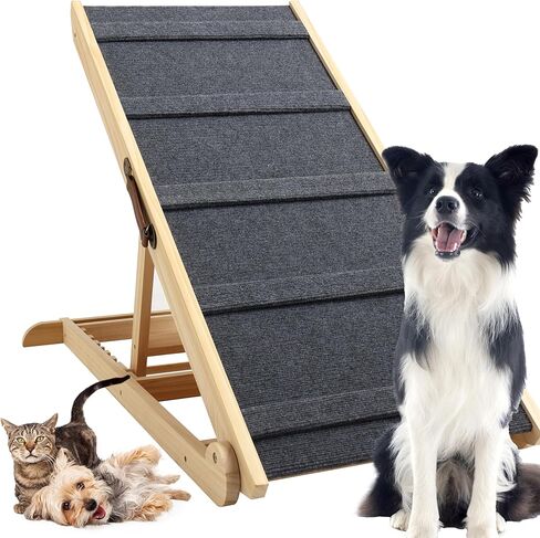 Finnhomy Adjustable Dog Ramp, Wooden Folding Dog Safety Ramp for Bed, Cars, Height Adjustable from 14" to 25.4" , Supports up to 200 Lbs, Pre-Assembled, Great for Small and Older Dogs in Kuwait