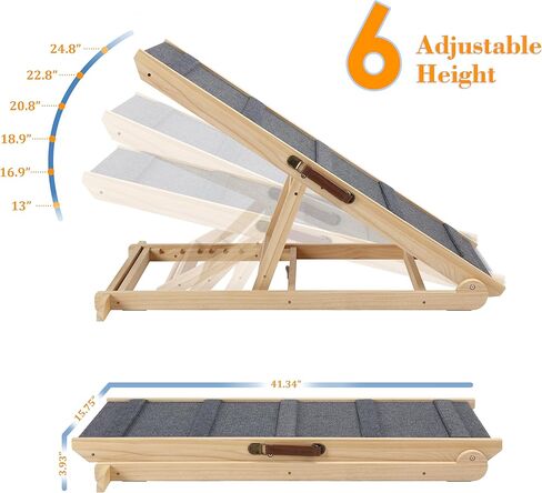 Finnhomy Adjustable Dog Ramp, Wooden Folding Dog Safety Ramp for Bed, Cars, Height Adjustable from 14" to 25.4" , Supports up to 200 Lbs, Pre-Assembled, Great for Small and Older Dogs in Kuwait