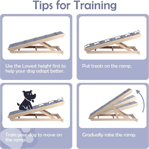 Finnhomy Adjustable Dog Ramp, Wooden Folding Dog Safety Ramp for Bed, Cars, Height Adjustable from 14" to 25.4" , Supports up to 200 Lbs, Pre-Assembled, Great for Small and Older Dogs in Kuwait