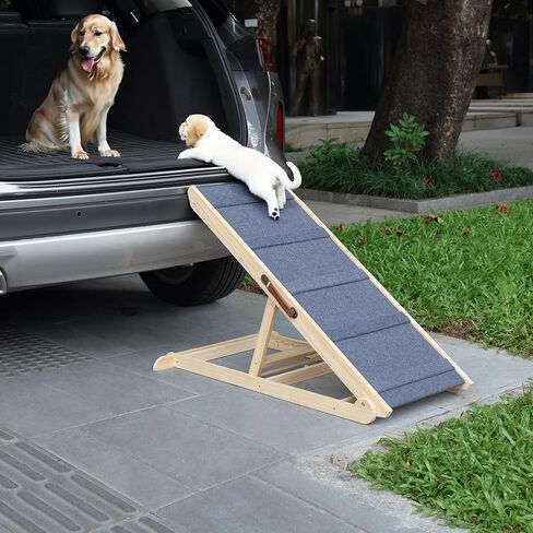 Finnhomy Adjustable Dog Ramp, Wooden Folding Dog Safety Ramp for Bed, Cars, Height Adjustable from 14" to 25.4" , Supports up to 200 Lbs, Pre-Assembled, Great for Small and Older Dogs in Kuwait