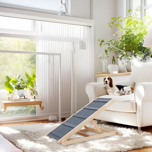 Finnhomy Adjustable Dog Ramp, Wooden Folding Dog Safety Ramp for Bed, Cars, Height Adjustable from 14" to 25.4" , Supports up to 200 Lbs, Pre-Assembled, Great for Small and Older Dogs in Kuwait