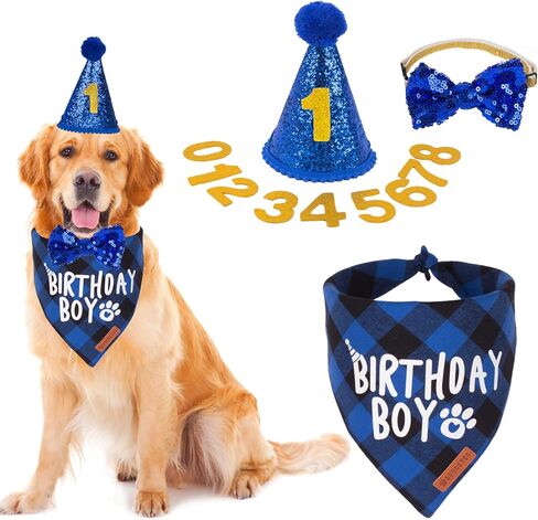 ADOGGYGO Dog Birthday Hat Bandana Set, Blue Plaid Boy Dog Bandana, X-Large in Saudi Arabia