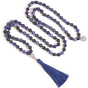 OAIITE 108 Mala Beads Necklace Semi-Precious Gem Stones Necklace 108 Hand Knotted Japa Mala Beaded Tassel Necklace with Tree of Life Pendant
