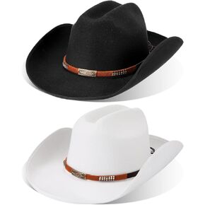 2 Pcs Cowboy Hat for Men Women Western Style Felt Cowboy Wedding Hats Cowgirl Hat Belt Buckle Halloween Party Costumes