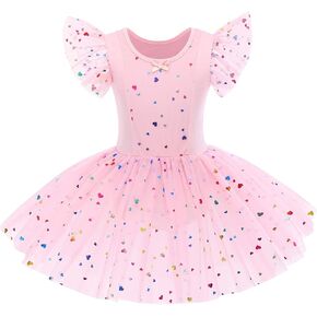 IDOPIP Girls Glitter Feather Heart Ballet Dance Dress Ruffle Sleeve Tutu Skirted Leotard Sequins Ballerina Dancewear for Kids in Saudi Arabia
