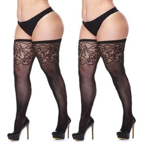Women's Black Fishnet Thigh Highs Plus Size Stay-up Rhinestone Stocking 2 Pairs