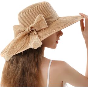 Womens Straw Hat Wide Brim Floppy Beach Sun Hat for Women UPF 50+ Adjustable Strap Vacation