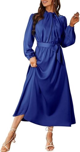Dokotoo Women's Fall Satin Dress Elegant Long Sleeve Elastic High Waist Formal Wedding Cocktail Party Maxi Dresses with Belt in Saudi Arabia