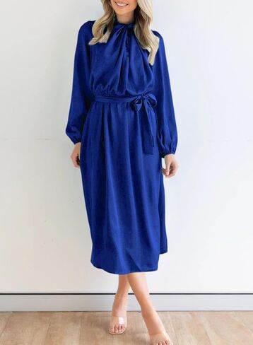 Dokotoo Women's Fall Satin Dress Elegant Long Sleeve Elastic High Waist Formal Wedding Cocktail Party Maxi Dresses with Belt in Saudi Arabia