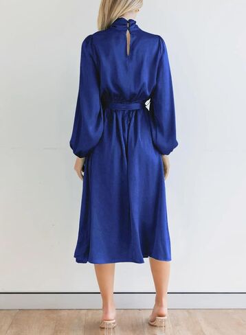 Dokotoo Women's Fall Satin Dress Elegant Long Sleeve Elastic High Waist Formal Wedding Cocktail Party Maxi Dresses with Belt in Saudi Arabia