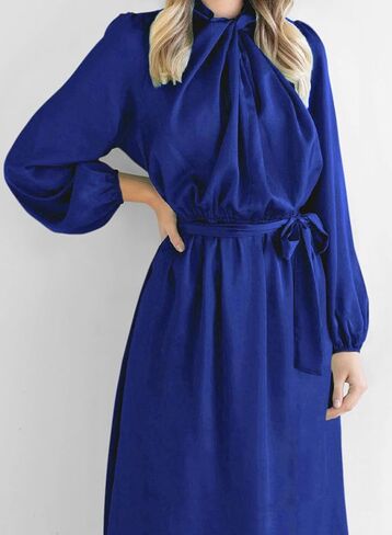 Dokotoo Women's Fall Satin Dress Elegant Long Sleeve Elastic High Waist Formal Wedding Cocktail Party Maxi Dresses with Belt in Saudi Arabia