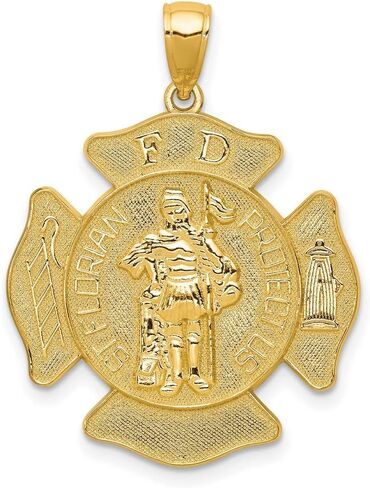 Saint Florian Protect Us Words on Firefighter Badge Pendant in Real 14k Gold in Kuwait