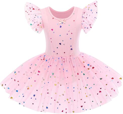 IDOPIP Girls Glitter Feather Heart Ballet Dance Dress Ruffle Sleeve Tutu Skirted Leotard Sequins Ballerina Dancewear for Kids in Saudi Arabia