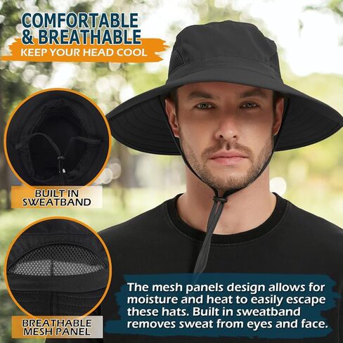 Wide Brim Sun Bucket Hat, Waterproof Boonie Hat for Men & Women | UPF 50+ UV Protection, Adjustable Fit, Chin Strap & Sweatband, Foldable Durable for Fishing Hiking Garden Beach in Kuwait