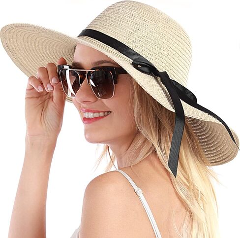 Womens Straw Hat Wide Brim Floppy Beach Sun Hat for Women UPF 50+ Adjustable Strap Vacation in Kuwait