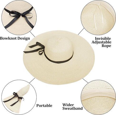 Womens Straw Hat Wide Brim Floppy Beach Sun Hat for Women UPF 50+ Adjustable Strap Vacation in Kuwait