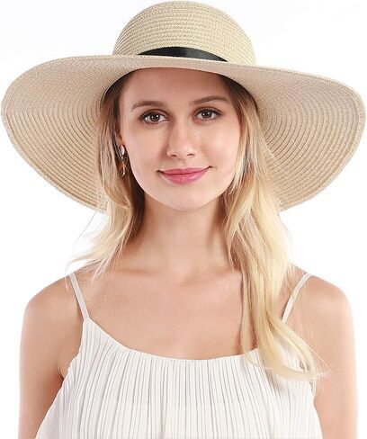 Womens Straw Hat Wide Brim Floppy Beach Sun Hat for Women UPF 50+ Adjustable Strap Vacation in Kuwait