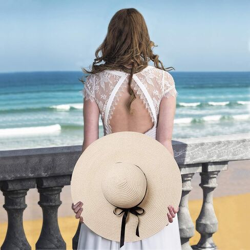 Womens Straw Hat Wide Brim Floppy Beach Sun Hat for Women UPF 50+ Adjustable Strap Vacation in Kuwait