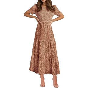 BTFBM Women Casual Short Sleeve Crew Neck Summer Dress Bohemian Floral Printed Flowy Maxi Dresses Tiered Cocktail Dress