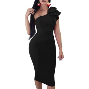 Mokoru Women's Sexy Ruffle One Shoulder Bodycon Elegant Cocktail Party Midi Dresses in Saudi Arabia