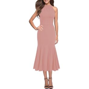 WOOSEA Womens Sleeveless Halter Neck Bodycon Mermaid Cocktail Party Midi Dresses