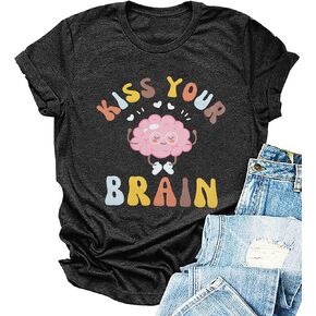 FLOYU Women Teacher Shirts Kiss Your Brain Teacher Shirt Special Education Teacher Tops Casual Teacher Life Clothes