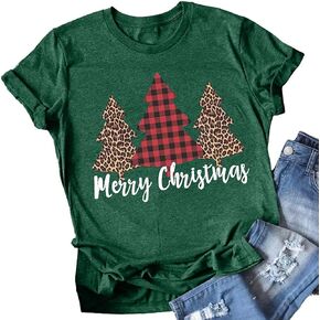 Merry Christmas Tree Print T-Shirt Women Leopard Plaid Casual Short Sleeve Tee Tops Blouse
