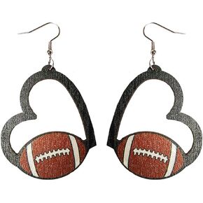 Wooden Sports Ball Earrings Geometric Heart Shaped Hollow Dangle Drop Earring Vintage Baseball Basketball Volleyball Football Earrings Sports Fans Players Jewelry for Women Girls Teen