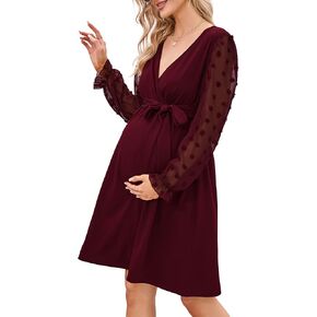 KOJOOIN Womens Maternity Swiss Dot Long Sleeve Wrap Dress Fall Casual V Neck Nursing Midi Dress Baby Shower Photoshoot Belt in Saudi Arabia