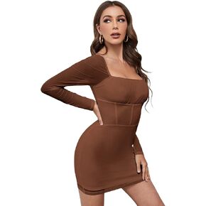 WDIRARA Women's Square Neck Mesh Long Sleeve Ruched Bodycon Mini Sexy Club Wedding Guest Bridesmaid Dress in Saudi Arabia