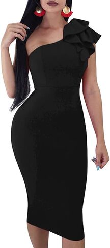 Mokoru Women's Sexy Ruffle One Shoulder Bodycon Elegant Cocktail Party Midi Dresses in Kuwait