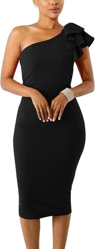Mokoru Women's Sexy Ruffle One Shoulder Bodycon Elegant Cocktail Party Midi Dresses in Kuwait