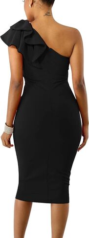 Mokoru Women's Sexy Ruffle One Shoulder Bodycon Elegant Cocktail Party Midi Dresses in Kuwait