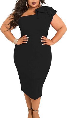 Mokoru Women's Sexy Ruffle One Shoulder Bodycon Elegant Cocktail Party Midi Dresses in Kuwait