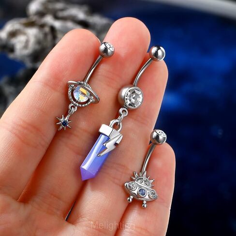 Melighting Belly Button Rings, 14G Dangle Belly Rings Stainless Steel, Planet Belly Piercing, Spaceship Belly Button Ring for Women, Moon Belly Piercing Jewelry in Saudi Arabia
