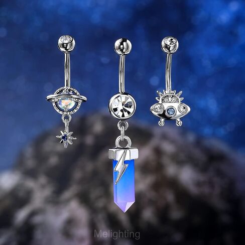 Melighting Belly Button Rings, 14G Dangle Belly Rings Stainless Steel, Planet Belly Piercing, Spaceship Belly Button Ring for Women, Moon Belly Piercing Jewelry in Saudi Arabia