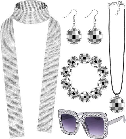 دريم توب اكسسوارات ديسكو للنساء بتصميم السبعينيات من السبعينيات، مجموعة ازياء ديسكو التنكرية واقراط وسوار وعقد ونظارة شمسية ووشاح من الترتر، ملحقات كرة الديسكو، بلاستيك، لؤلؤي, بلاستيك, لؤلؤة in Kuwait