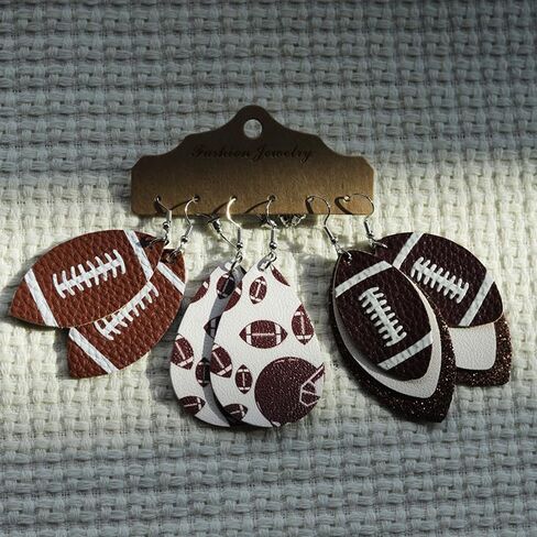 3 Pairs Faux Leather Football Earrings for Women Sports Teardrop Dangle Earrings Girls Jewelry Set in Kuwait