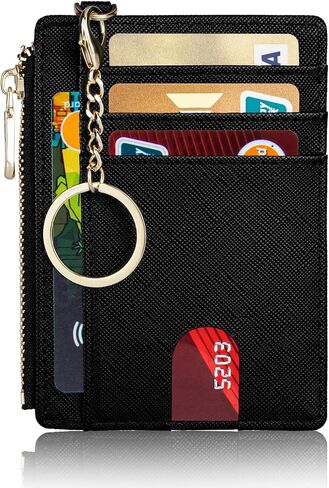 Suweibuke Slim Pocket Wallet, RFID Blocking Credit Card Holder Wallet with D-Shackle ID Window and Detachable keychain for Women (A-Black) in Kuwait