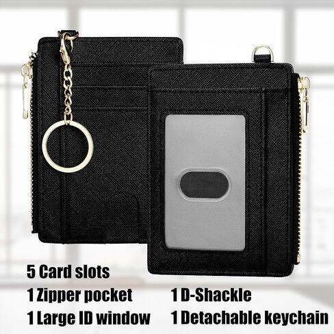 Suweibuke Slim Pocket Wallet, RFID Blocking Credit Card Holder Wallet with D-Shackle ID Window and Detachable keychain for Women (A-Black) in Kuwait