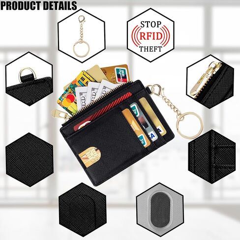 Suweibuke Slim Pocket Wallet, RFID Blocking Credit Card Holder Wallet with D-Shackle ID Window and Detachable keychain for Women (A-Black) in Kuwait