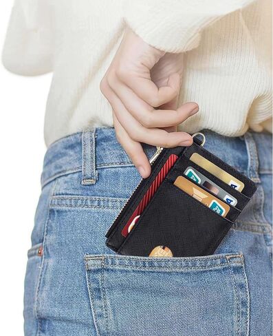 Suweibuke Slim Pocket Wallet, RFID Blocking Credit Card Holder Wallet with D-Shackle ID Window and Detachable keychain for Women (A-Black) in Kuwait